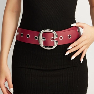 Cintura Punk in Pelle PU Larga per Uomo Donna Fibbia Grande a C in Lega Argento con Occhielli e Rivetti Moda Trendy