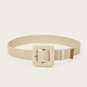 Boho woven waist belt with a square buckle in a natural beige straw-like texture