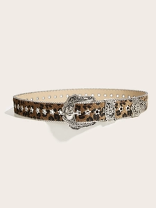 Detailed shot of leopard print belt with vintage floral buckle and star studs