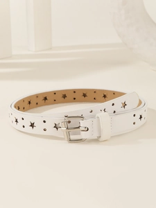 Detailed view of white leather belt featuring star-shaped cutouts and a silver metal buckle