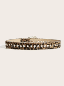 Detail of leopard print belt with silver star studs and bead edges in vintage style