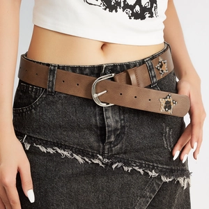 Women Vintage PU Leather Belt Punk Rock Star Rivet Leopard Print Patch Retro Y2K Waistband Metal Buckle Western Street Style Accessory
