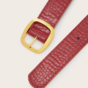 Y2K vintage red crocodile pattern leather belt with a classic gold square buckle for women