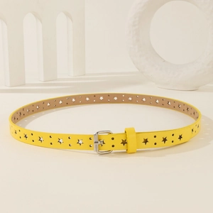 Bright yellow skinny belt with star cutouts and a classic silver metal pin buckle