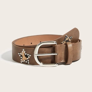 Brown punk style leather belt with leopard star patches and polished horseshoe buckle
