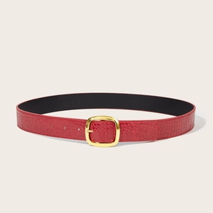 Vintage Y2K red faux crocodile leather belt for women with a polished gold pin buckle