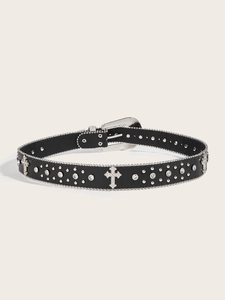 Detail of black rhinestone belt with western carved buckle and studded cross motifs