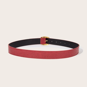 Vintage Y2K red crocodile textured leather belt with a polished gold oval buckle
