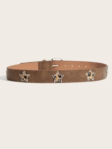 Close-up of brown leather punk belt with leopard star patches and silver metal rivets