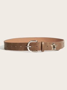 Detail of vintage brown leather belt with leopard star patches and metal rivets