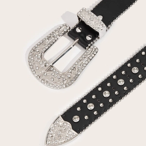 Western rhinestone leather belt with vintage silver floral buckle and sparkling crystals