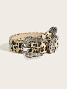 Detail of leopard print faux fur belt with western engraved buckle and star eyelets