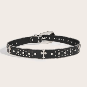 Women's black leather belt with sparkling rhinestones, silver studs and cross charms