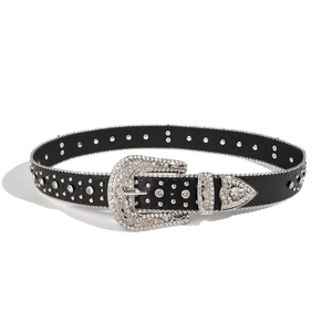 Western vintage black leather belt with sparkling rhinestones and floral engraved buckle