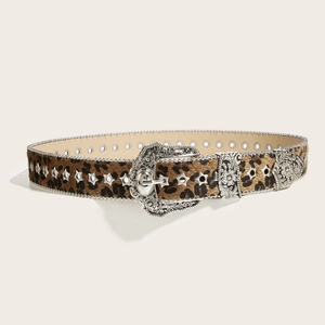 Vintage leopard print belt with western engraved buckle and silver star studs for women