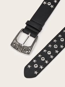 Close-up of Western style black PU belt with engraved silver buckle and star studs
