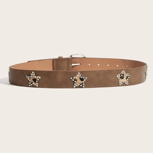 Brown leather punk belt with leopard print stars and silver rivets in a circular layout