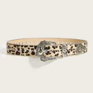 Leopard print leather belt with vintage silver buckle and star studs western style
