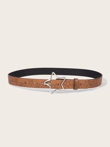 Close-up of brown Y2K leather belt featuring star-shaped silver buckle and star embossing