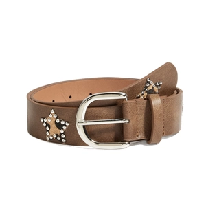 Brown leather belt with leopard star patterns and silver rivets in rock style