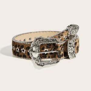 Leopard print waist belt with star studs and vintage buckle on minimalist background