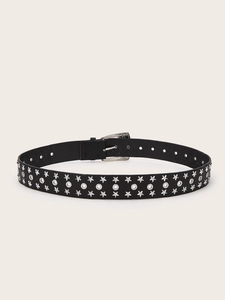Detail of black punk leather belt featuring silver star rivets and metal eyelets