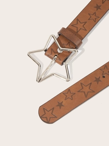 Detail of vintage Y2K brown belt with silver star buckle and embossed patterns