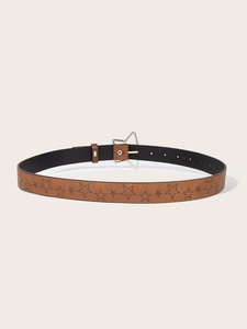 Detail of a brown leather belt featuring a silver star buckle and star embossed patterns