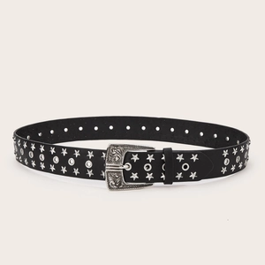 Punk style black leather belt featuring silver star rivets and retro engraved buckle