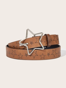 Close-up of brown vintage belt with silver star buckle and embossed star patterns