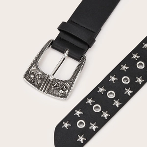 Punk style black leather belt with silver star studs and vintage embossed buckle