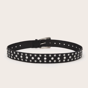 Punk black leather belt with silver star studs and vintage engraved metal buckle