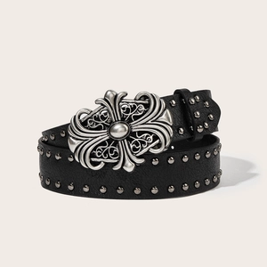 Men Punk Rock Rivet PU Leather Belt Vintage Cross Buckle Gothic Black Studded Waistband Strap Hip Hop Trouser Jeans Belt