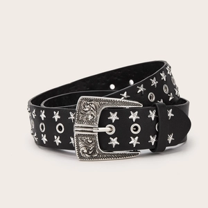 Black punk style belt with silver star studs and western engraved metal buckle