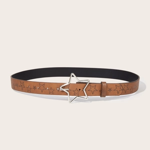 Vintage Y2K brown leather belt with embossed stars and silver star-shaped buckle