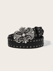 Detail of black leather belt with double rows of silver studs and gothic cross buckle