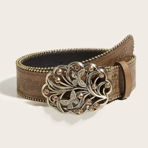 Ceinture En Similicuir Rétro Avec Boucle En Alliage De Papillon Ajourée Floral Gauffré Strass Femme Taille Punk Pour Jeans