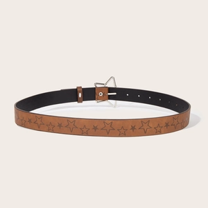 Vintage Y2K brown belt with star patterned embossing and silver star metal buckle