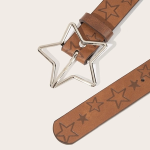 Vintage Y2K brown leather belt with silver star buckle and embossed star patterns