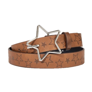 Vintage Y2K brown belt with metallic star buckle and embossed patterns for jeans