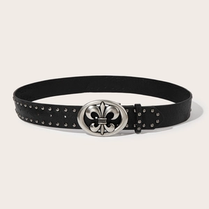 Herren Punk PU Ledergürtel Doppelreihige Nieten Legierung Druckknopf Mit Lilien Dekor Hip Hop Casual Rock Bund