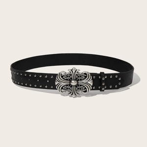 Gothic punk black leather belt featuring ornate silver cross buckle and metal studs