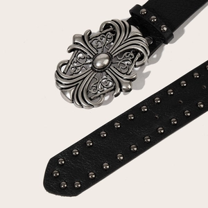 Punk style black leather belt with silver floral cross buckle and double row metal rivets