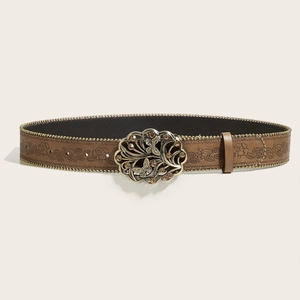 Ceinture en cuir gaufré marron vintage avec boucle ornée de fleurs et papillons