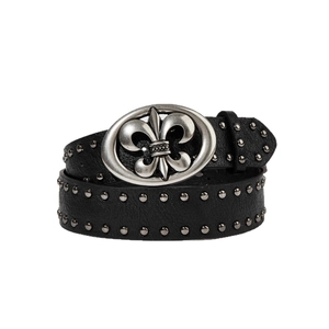 Punk-Ledergürtel für Herren mit Fleur-de-Lis-Metallschnalle und silbernen Nieten