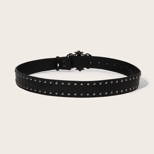 Men's punk black leather belt with double row silver studs and carved alloy buckle