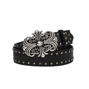 Men's punk leather belt featuring silver metal studs and an ornate gothic cross buckle
