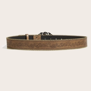 Ceinture marron en similicuir avec motifs floraux et bordure perlée dorée au design incurvé