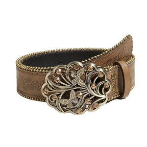 Ceinture vintage en cuir marron avec boucle papillon, strass ambrés et motifs de feuilles