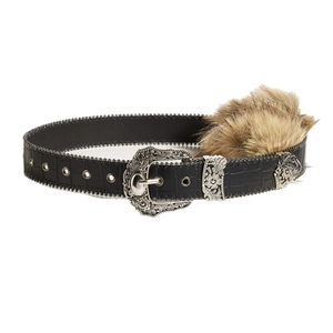 Ceinture style western avec garniture en fausse fourrure et boucle florale gravée